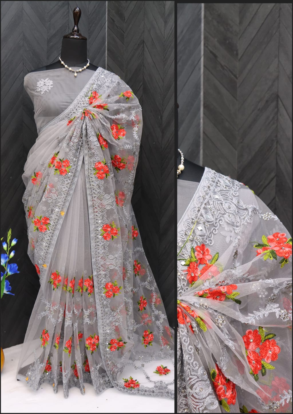 Designer Saree With Thread And Zari Embroidery Work