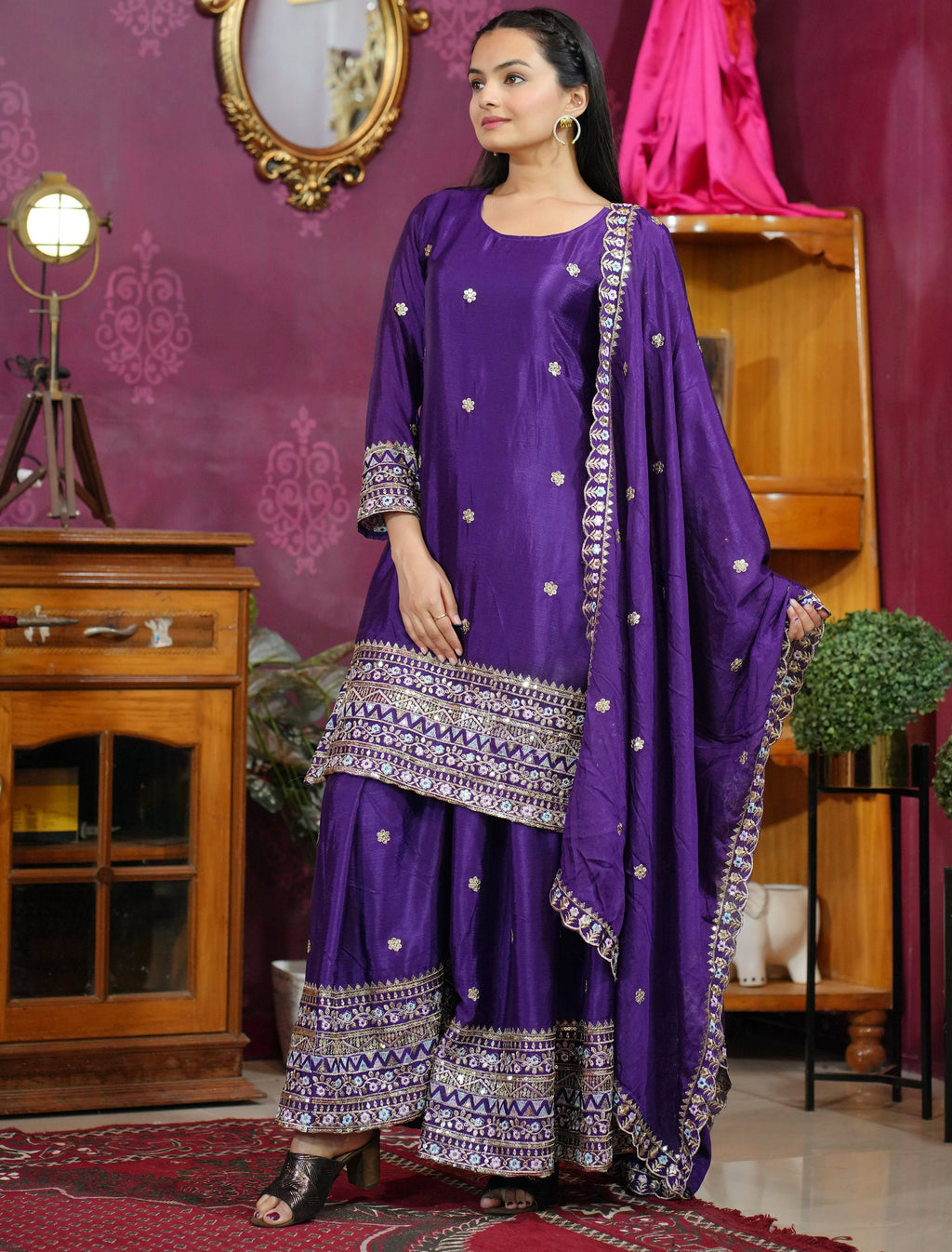 Designer Embroidered Chinon Sharara Suit With Sequence Embroidered Work