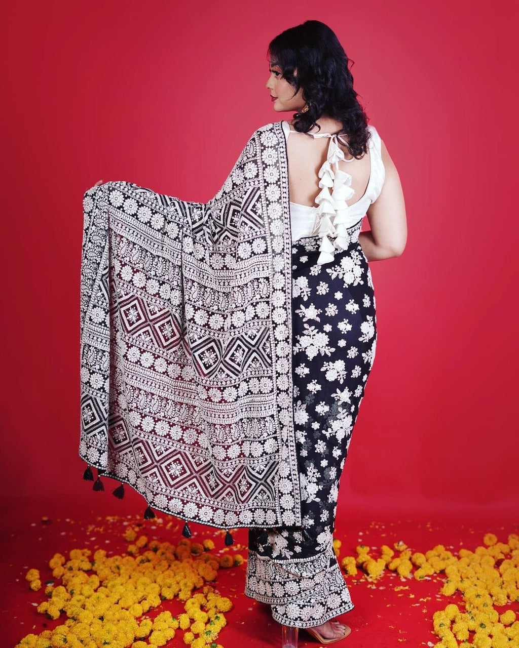 Designer Saree With Lakhnavi Thread Embroidery Work