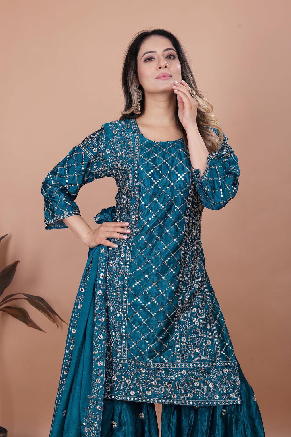 Designer Embroidered Chinon Sharara Suit With Sequence Embroidered Work