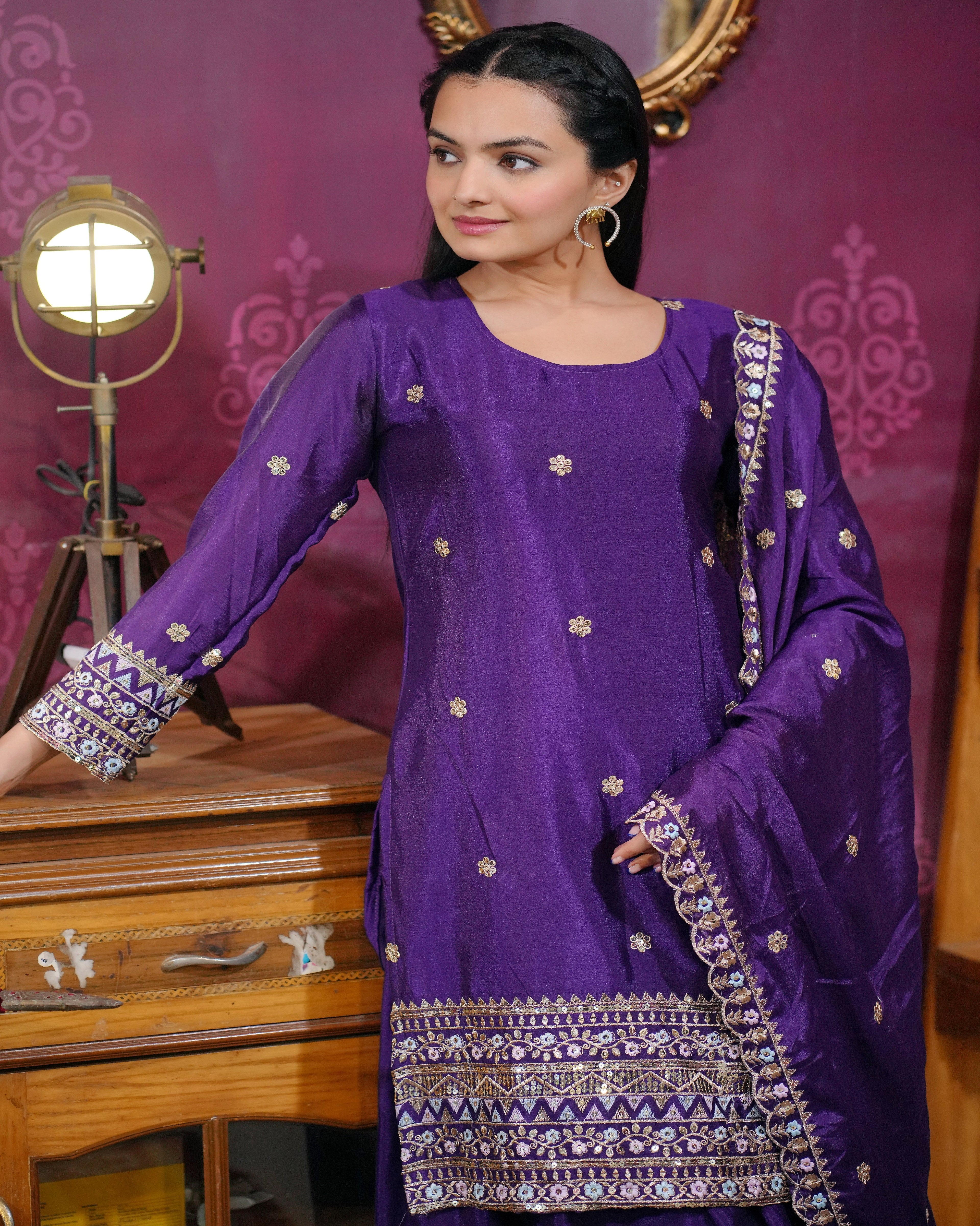 Designer Embroidered Chinon Sharara Suit With Sequence Embroidered Work