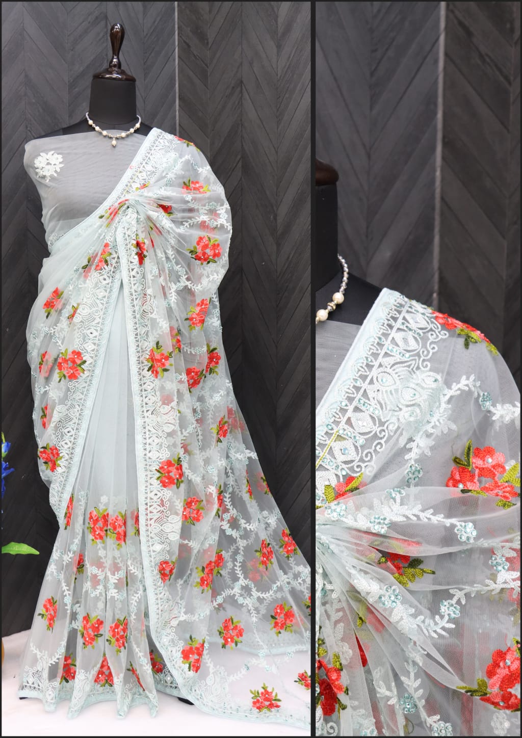 Designer Saree With Thread And Zari Embroidery Work