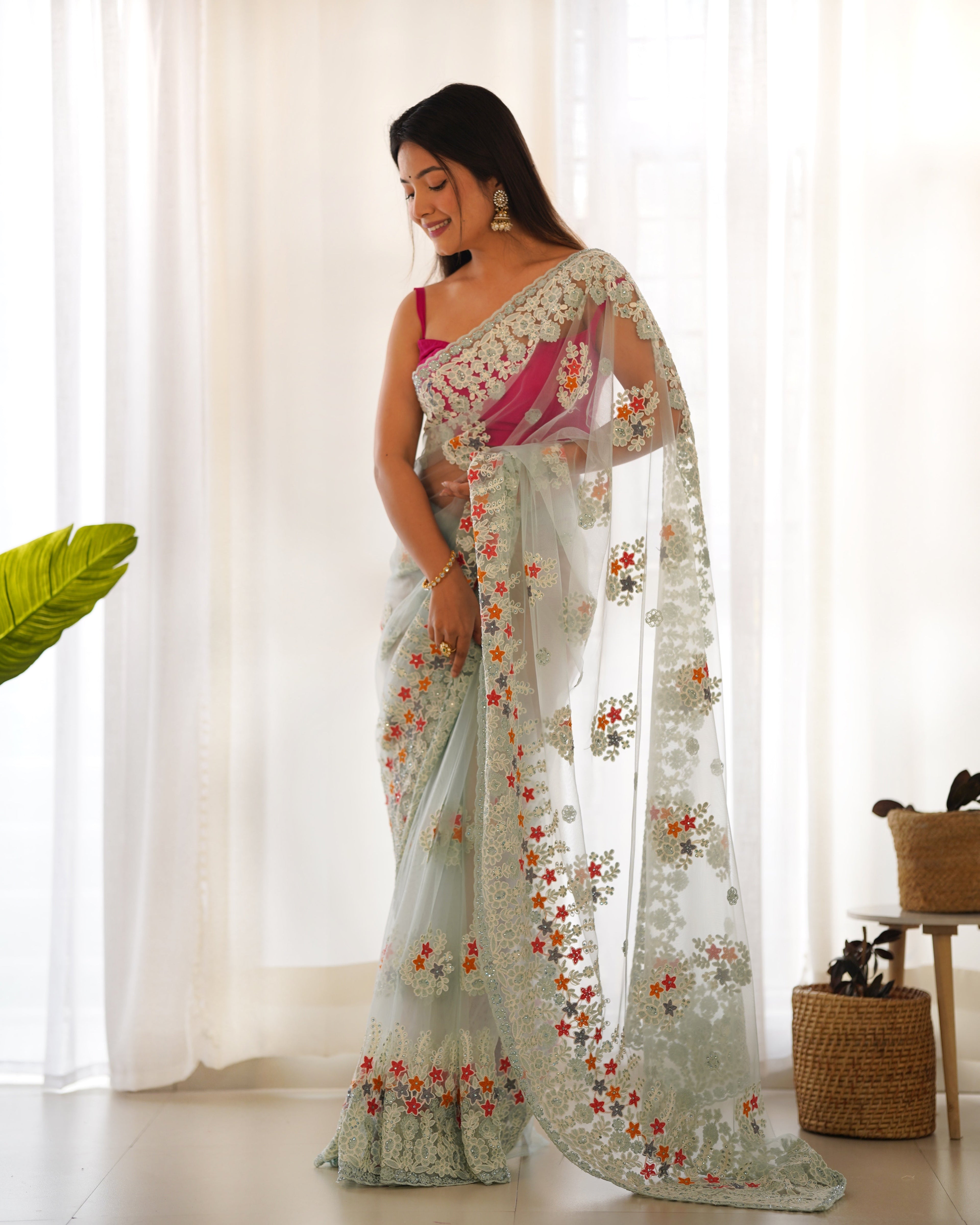 Party Wear Saree With Thread And Zari Embroidery Work