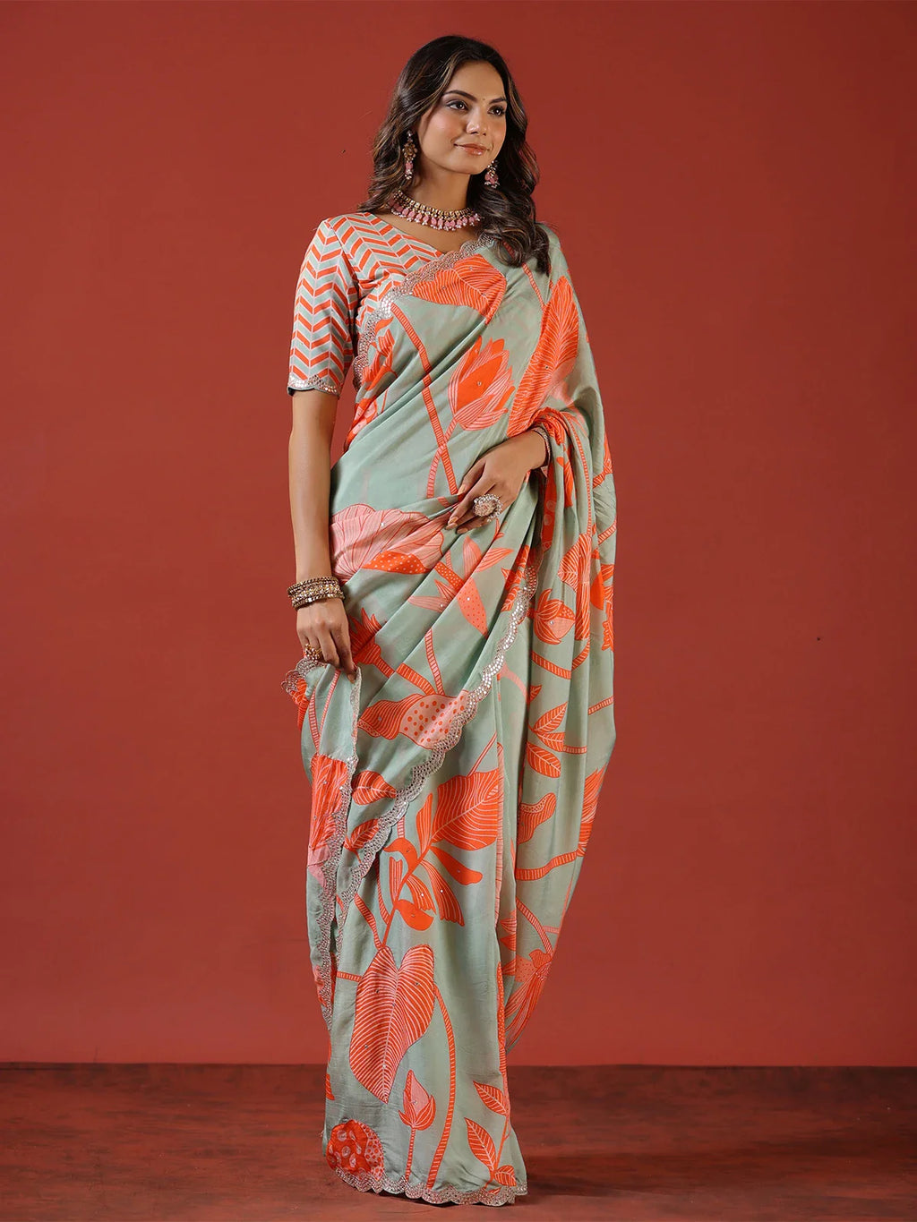Designer Saree With Sequence Embroidery Work On Border