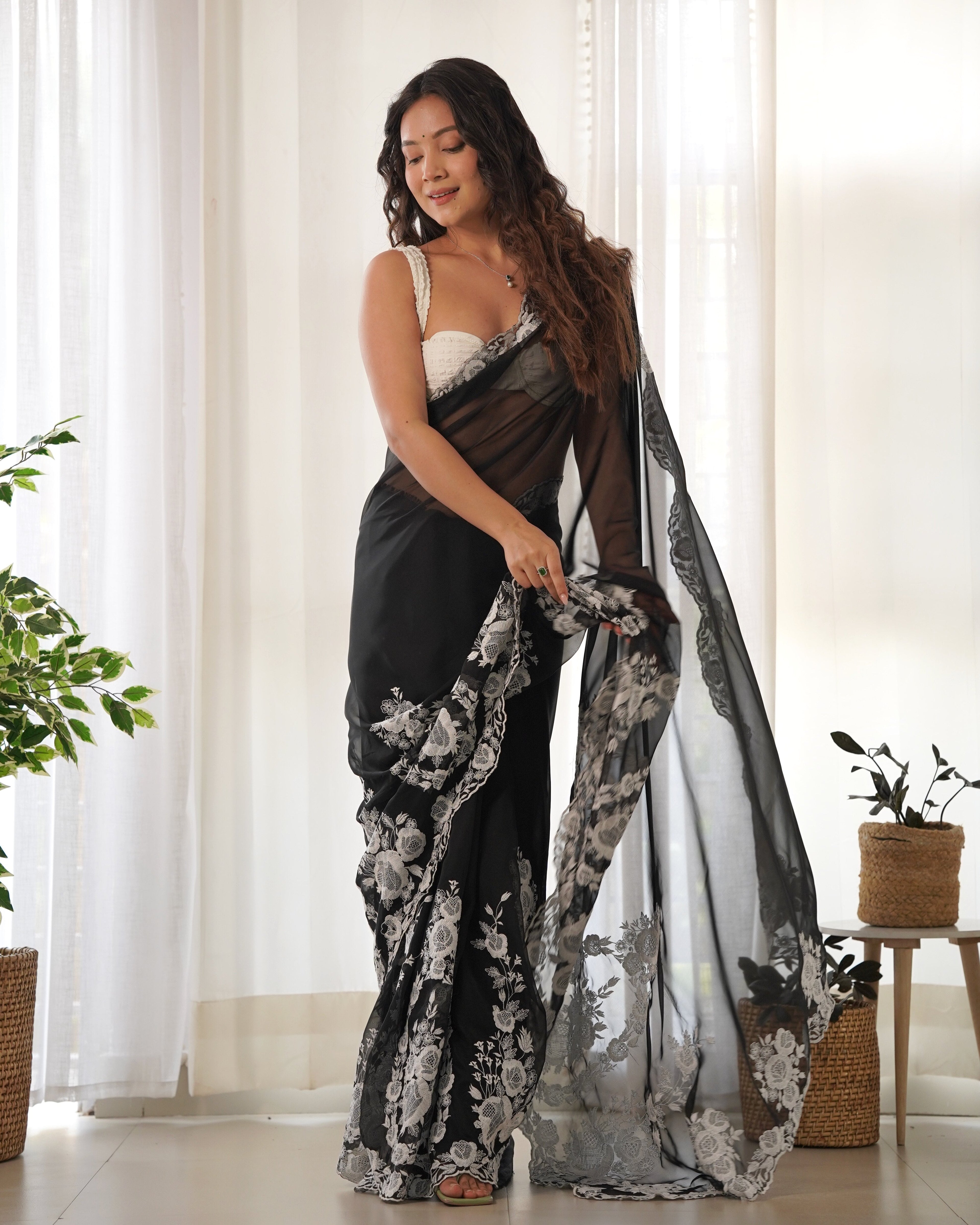 Fancy Saree With Beautiful Thread Work & Cut Dana Embroidery
