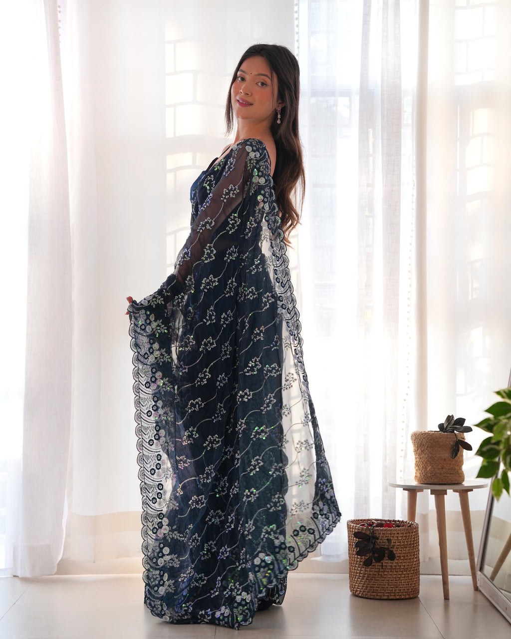 Party Wear Saree With Designer Sequence Embroidery Work