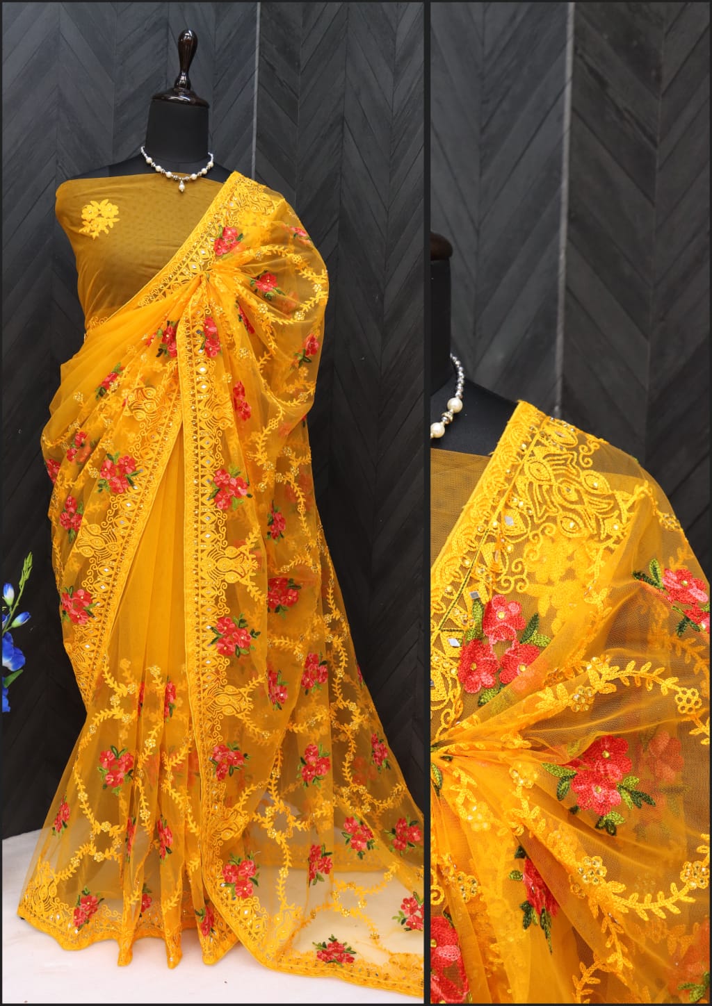 Designer Saree With Thread And Zari Embroidery Work
