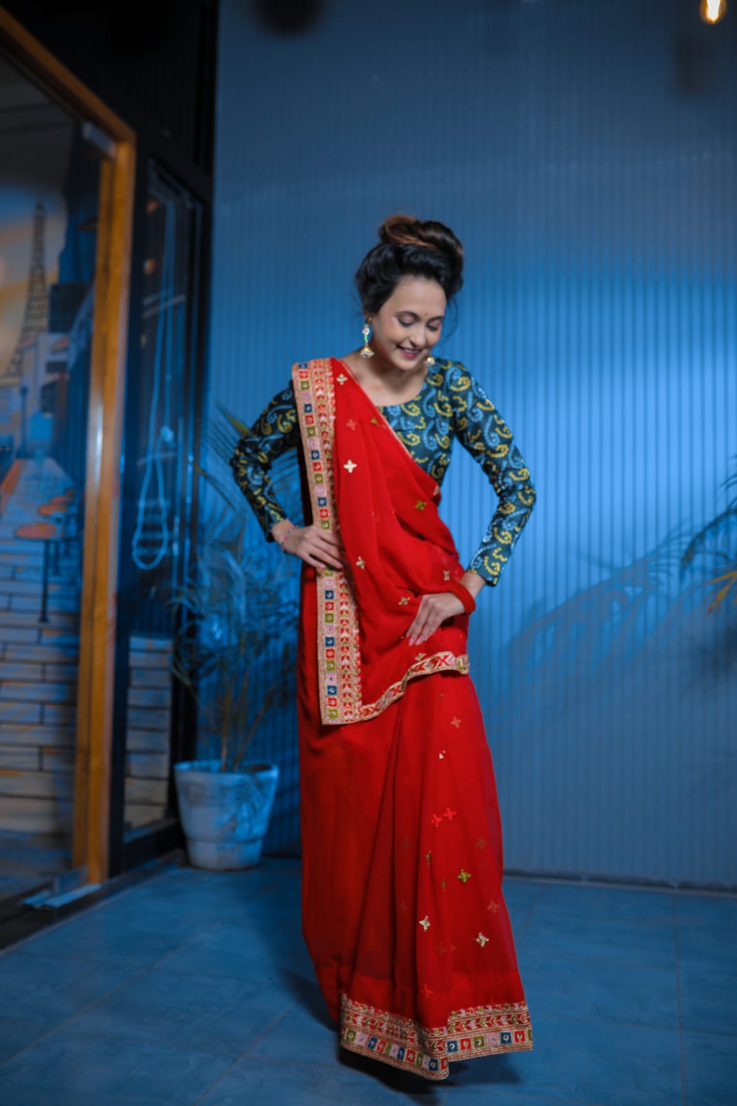 Party Wear Designer Saree With Embroidery Thread And Mirror Work