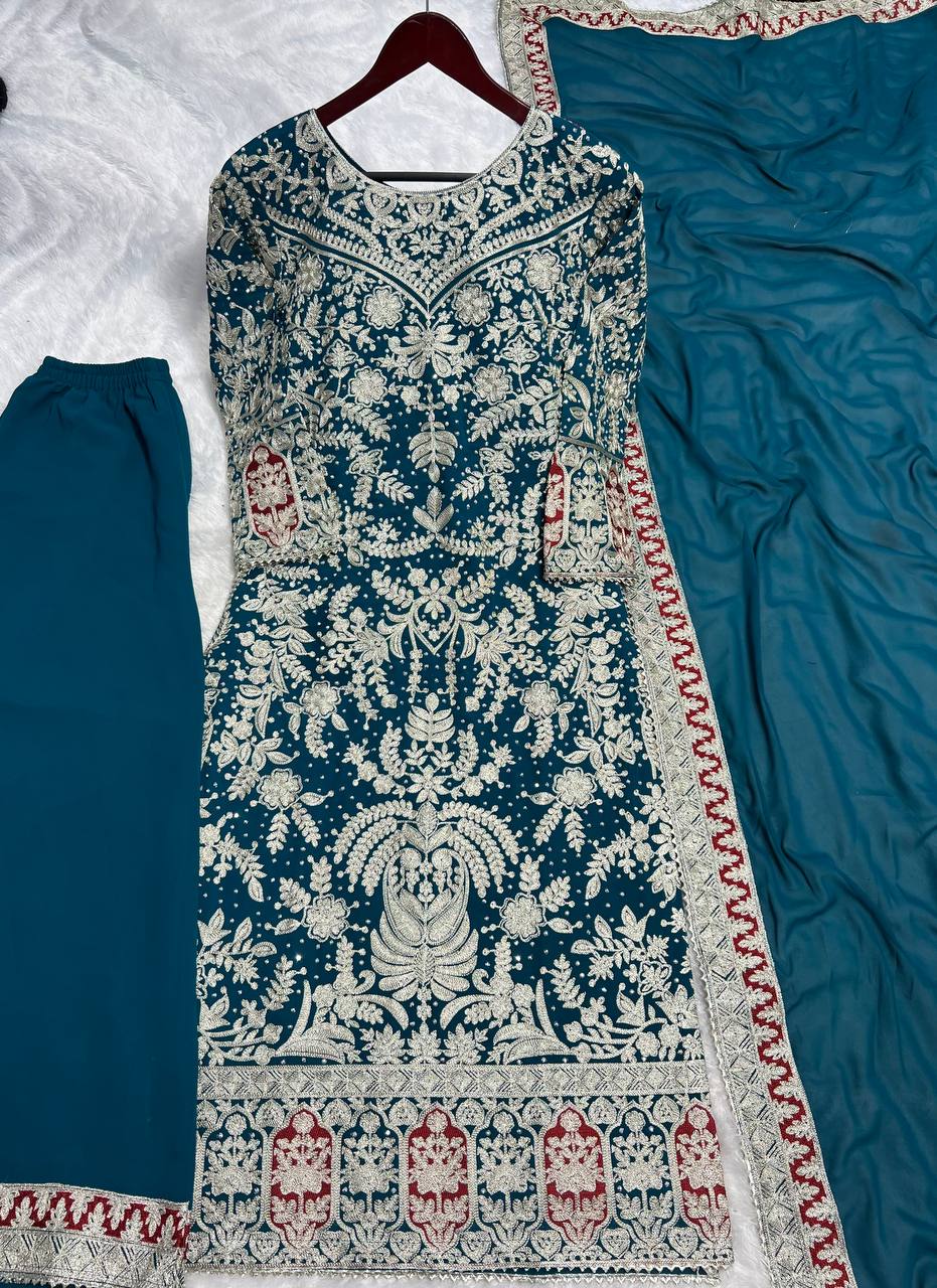 Beautiful Georgette Top-Plazzo And Dupatta With Diamond Handwork