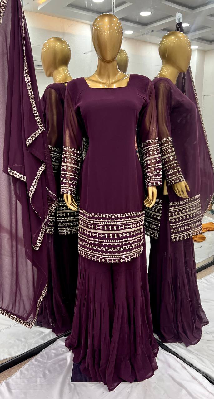 Designer Party Wear Look Top-Sharara And Dupatta With Heavy Embroidery Work