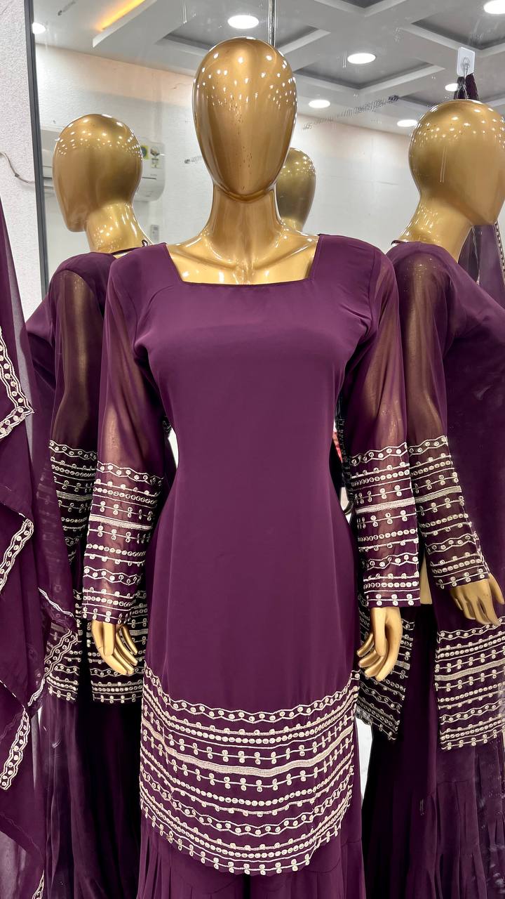 Designer Party Wear Look Top-Sharara And Dupatta With Heavy Embroidery Work