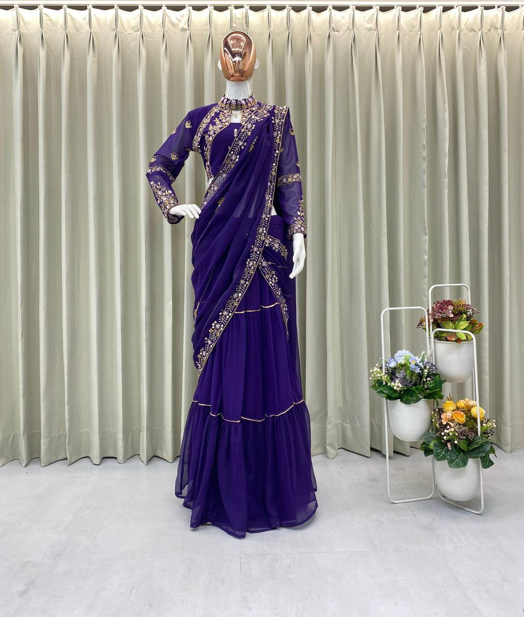 Party Wear Look Beautiful Lehenga Saree With Mirror Work