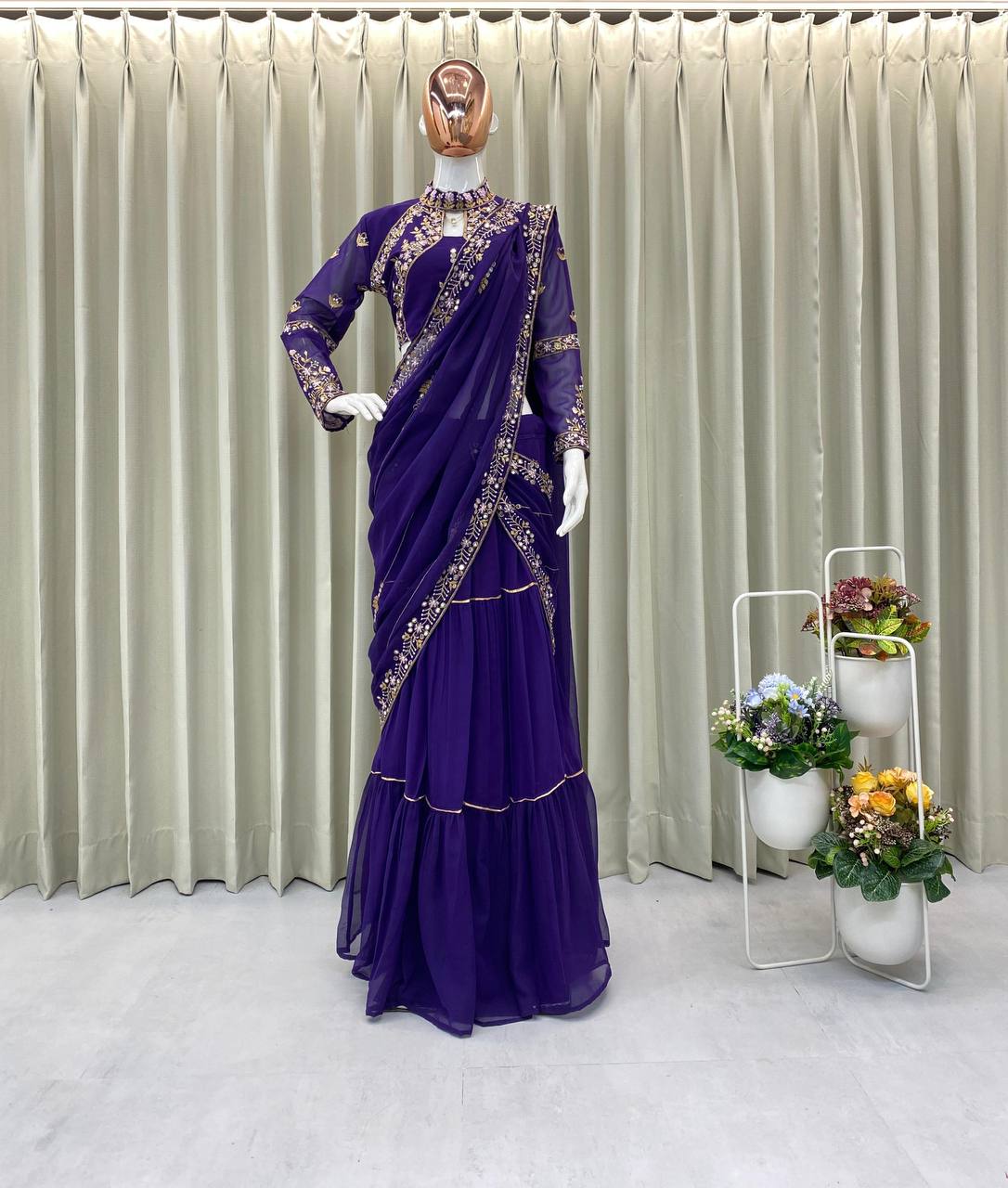 Party Wear Look Beautiful Lehenga Saree With Mirror Work