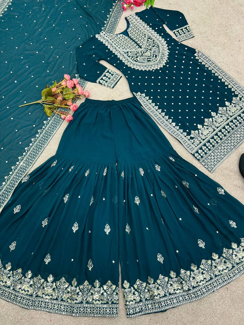Heavy Embroidery Sequence Work Top-Gharara And Dupatta