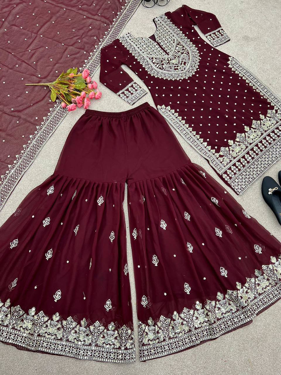 Heavy Embroidery Sequence Work Top-Gharara And Dupatta