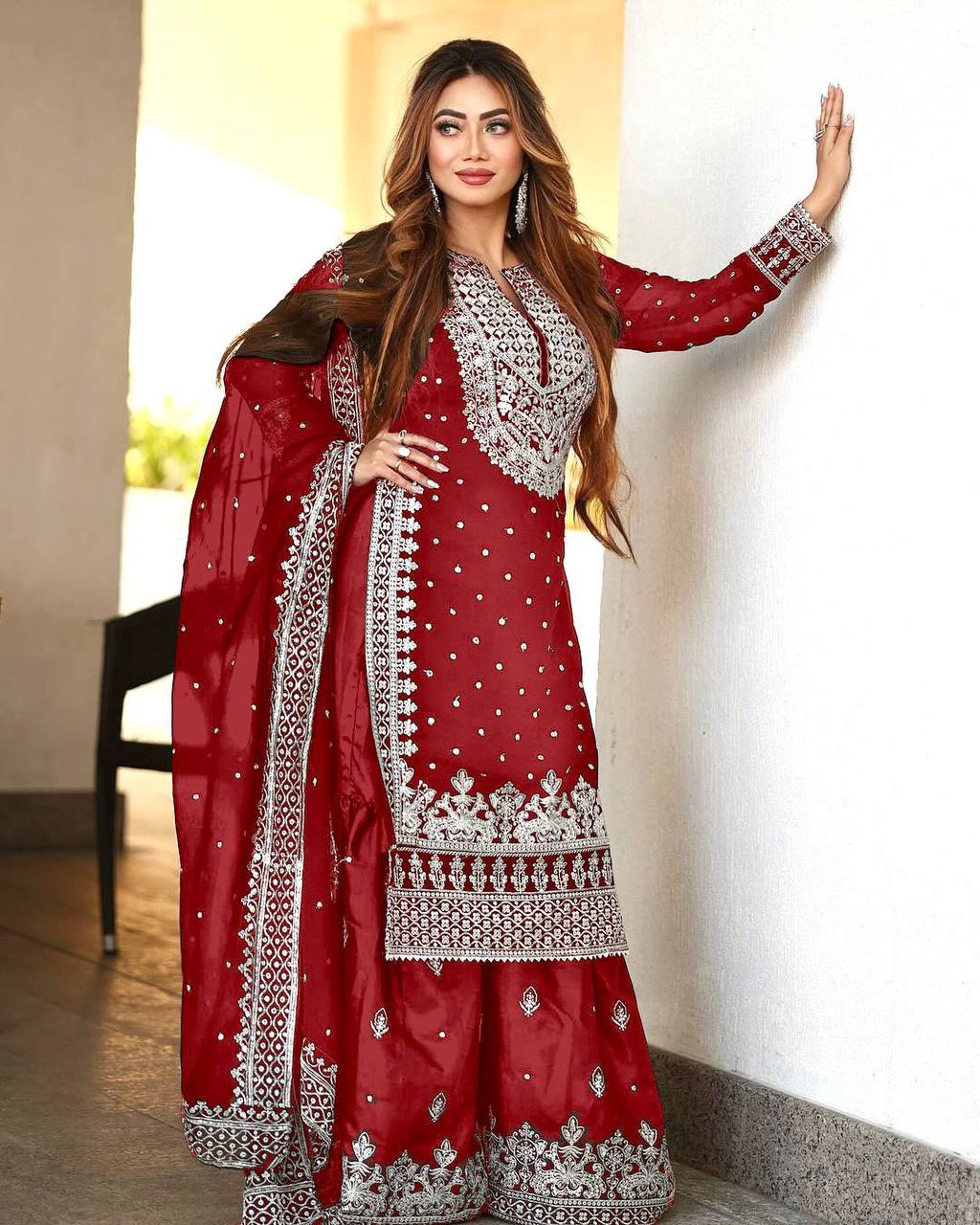 Heavy Embroidery Sequence Work Top-Gharara And Dupatta