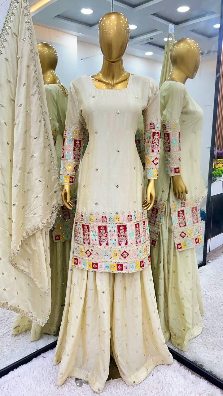 Beautiful Top-Gharara And Dupatta With Embroidery Sequence Work