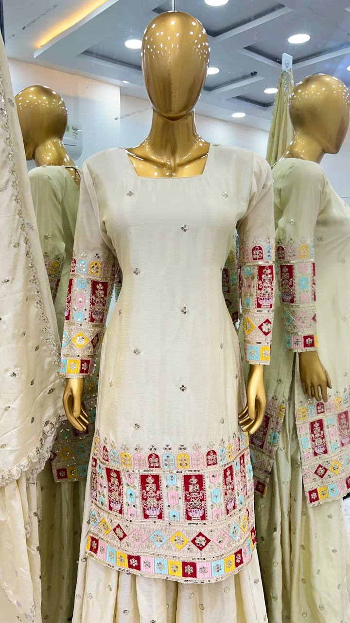 Beautiful Top-Gharara And Dupatta With Embroidery Sequence Work