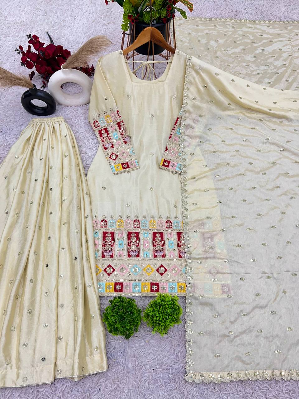 Beautiful Top-Gharara And Dupatta With Embroidery Sequence Work