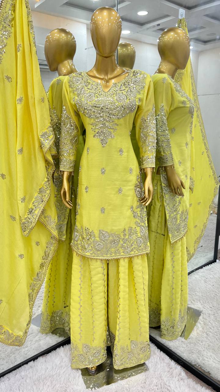 Beautiful Top-Gharara And Dupatta With Heavy Embroidery Sequence Work