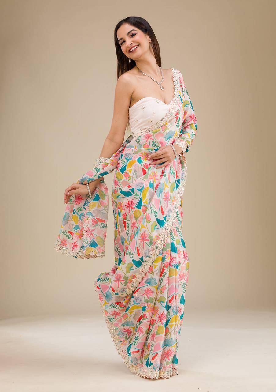 Party Wear Designer Saree With Embroidery Codding & Sequins Work