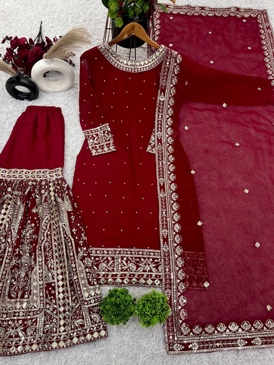 Fancy Top-Gharara And Dupatta With Heavy Embroidery Sequence Work