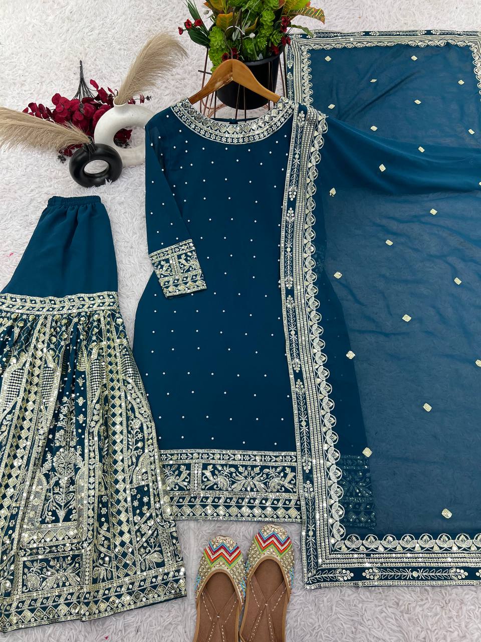 Fancy Top-Gharara And Dupatta With Heavy Embroidery Sequence Work