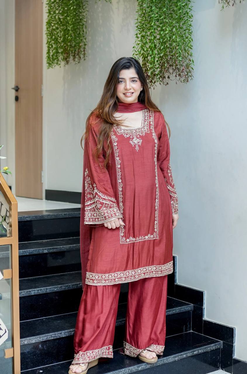 Designer Work Top-Bottom And Dupatta With Embroidery Work