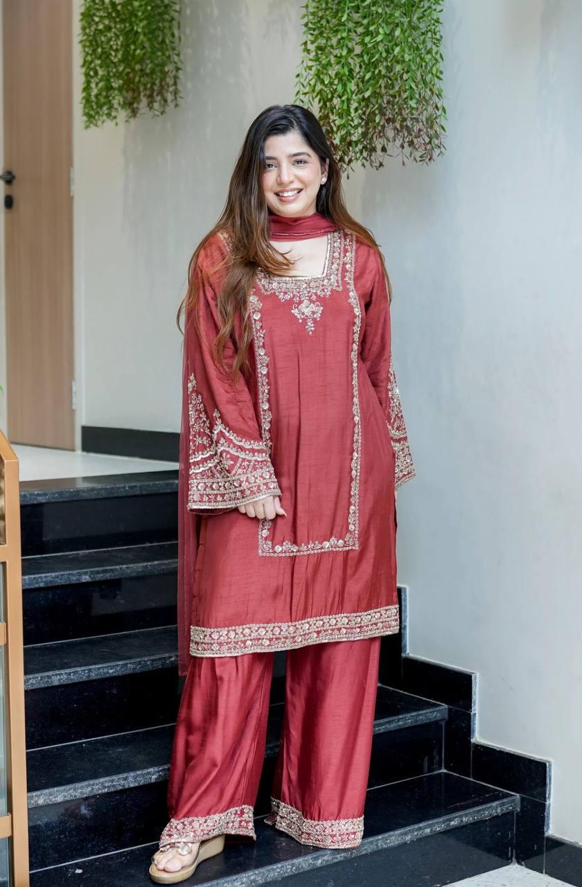 Designer Work Top-Bottom And Dupatta With Embroidery Work