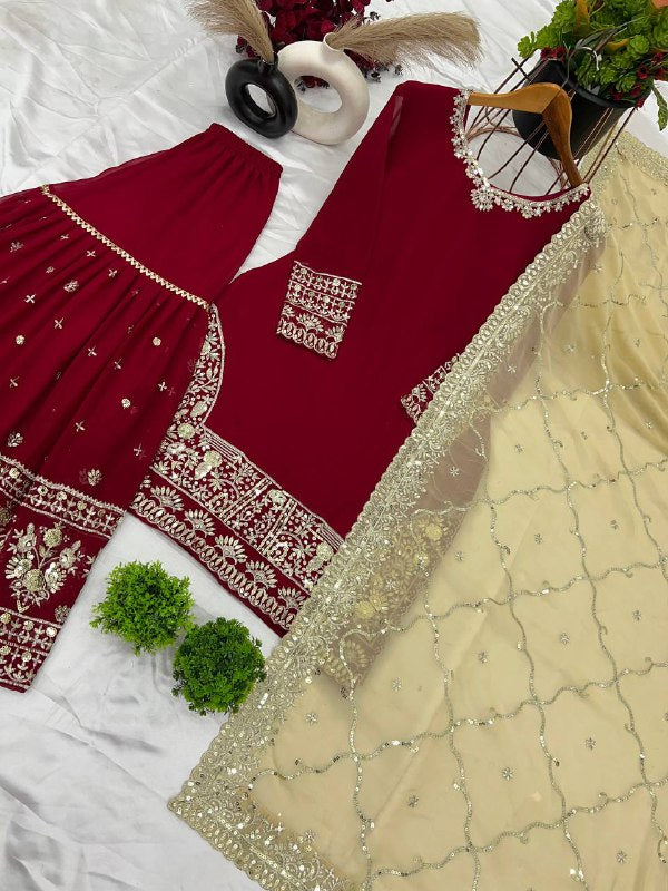 Designer Party Wear Look Top-Plazzo And Dupatta With Heavy Embroidery Work