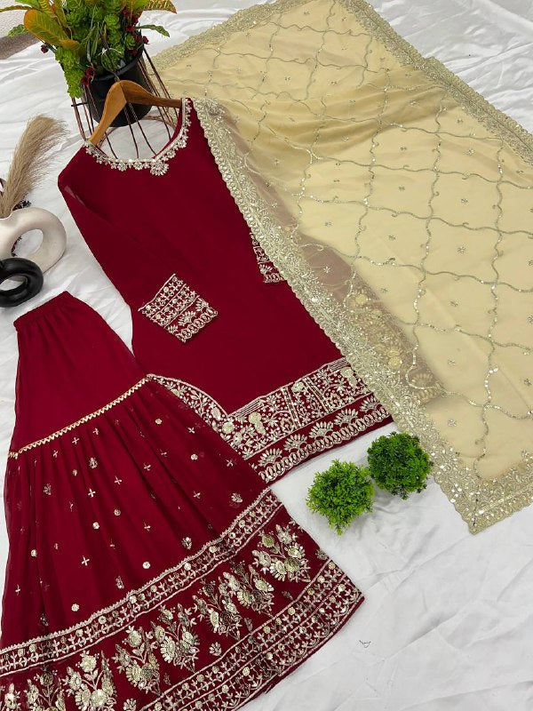 Designer Party Wear Look Top-Plazzo And Dupatta With Heavy Embroidery Work