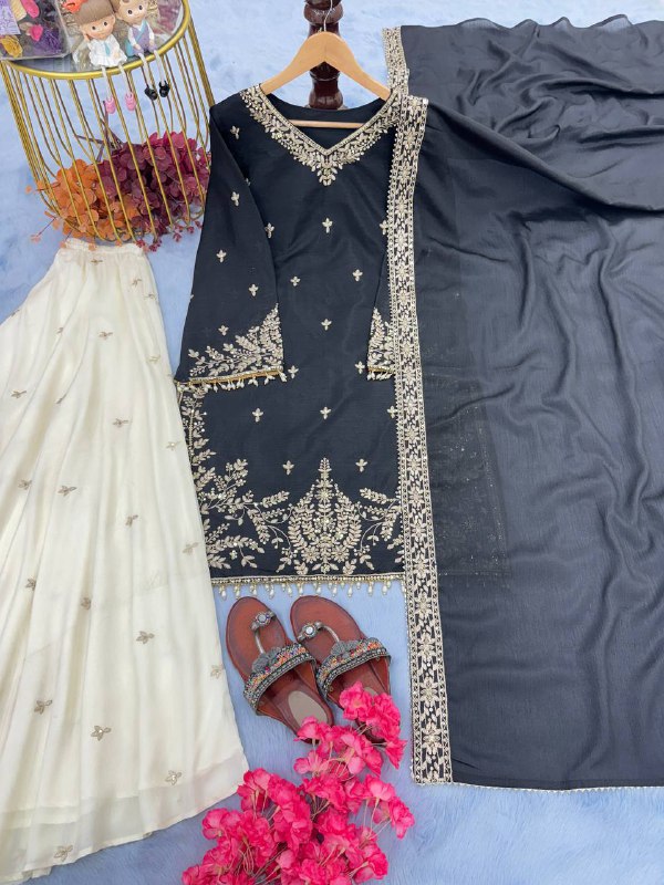 Beautiful Party Wear Look Heavy Pure Chinon Silk Top Plazzo & Dupatta Set