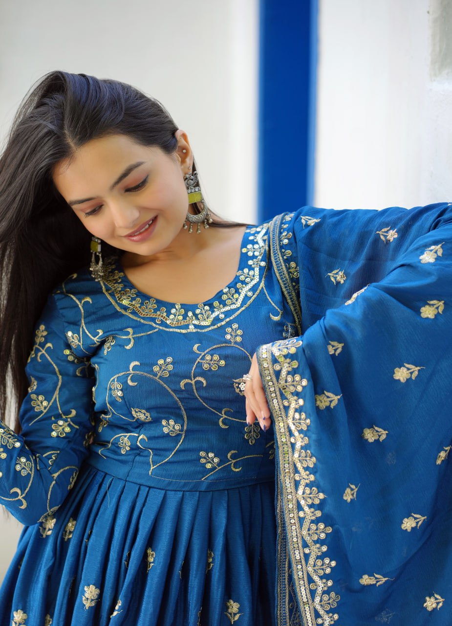 Beautiful Embroidered Chinon Gown With Sequence Embroidered Work