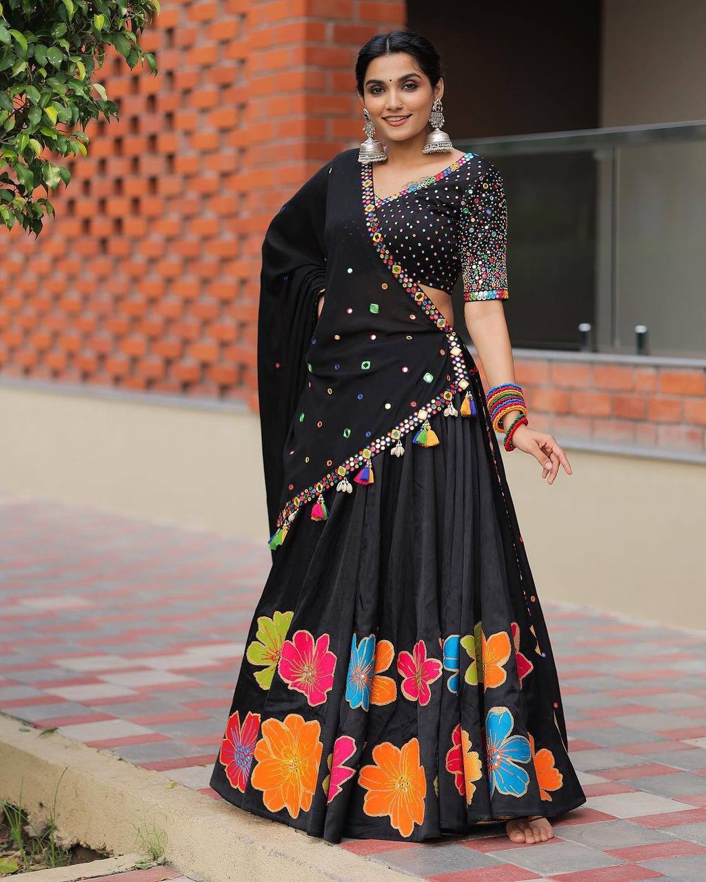 Designer Lehenga Choli With Print And Real Mirror Work