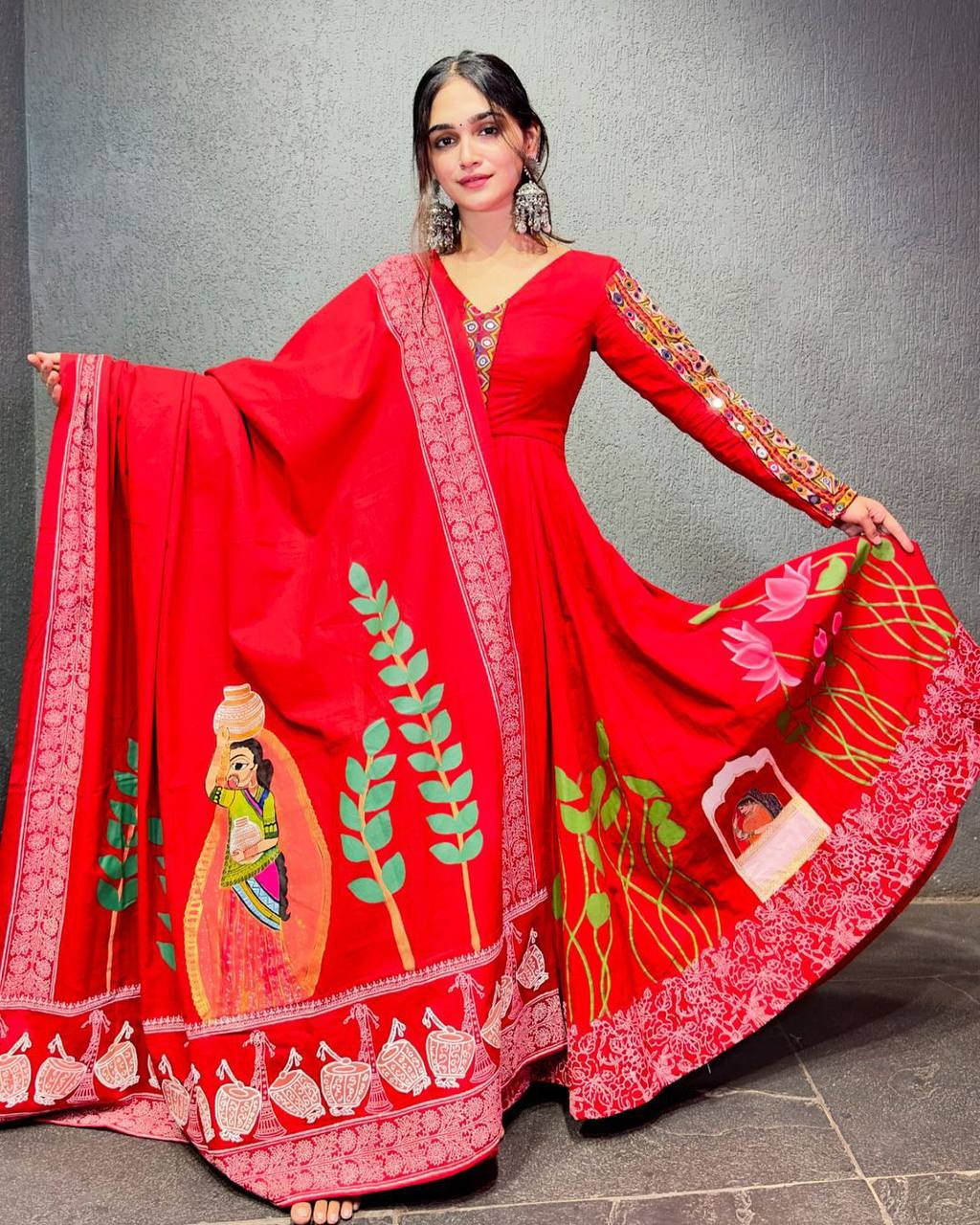 Beautiful Gown And Dupatta With Digital Print And Real Mirror Work