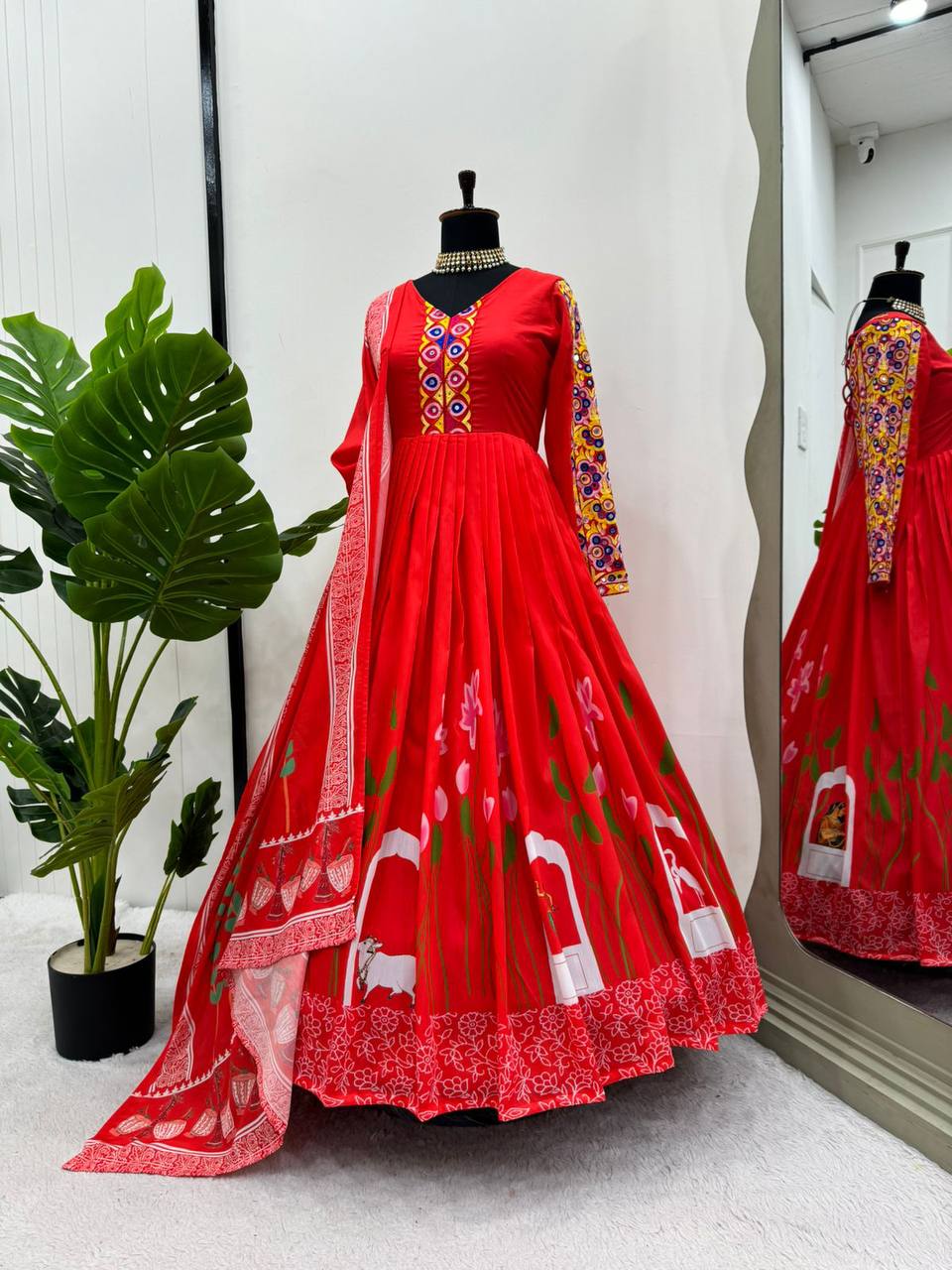 Beautiful Gown And Dupatta With Digital Print And Real Mirror Work