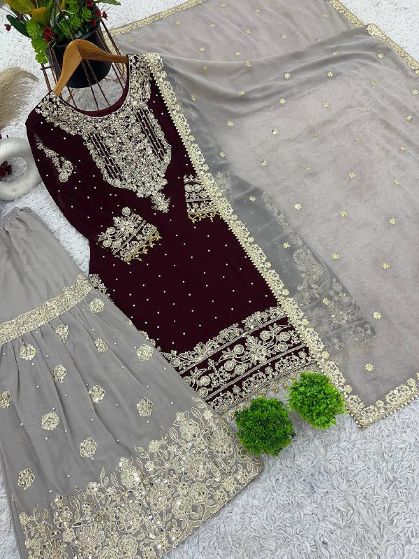 Top-Bottom And Dupatta With Heavy Embroidery Coding Dori-Sequence Work