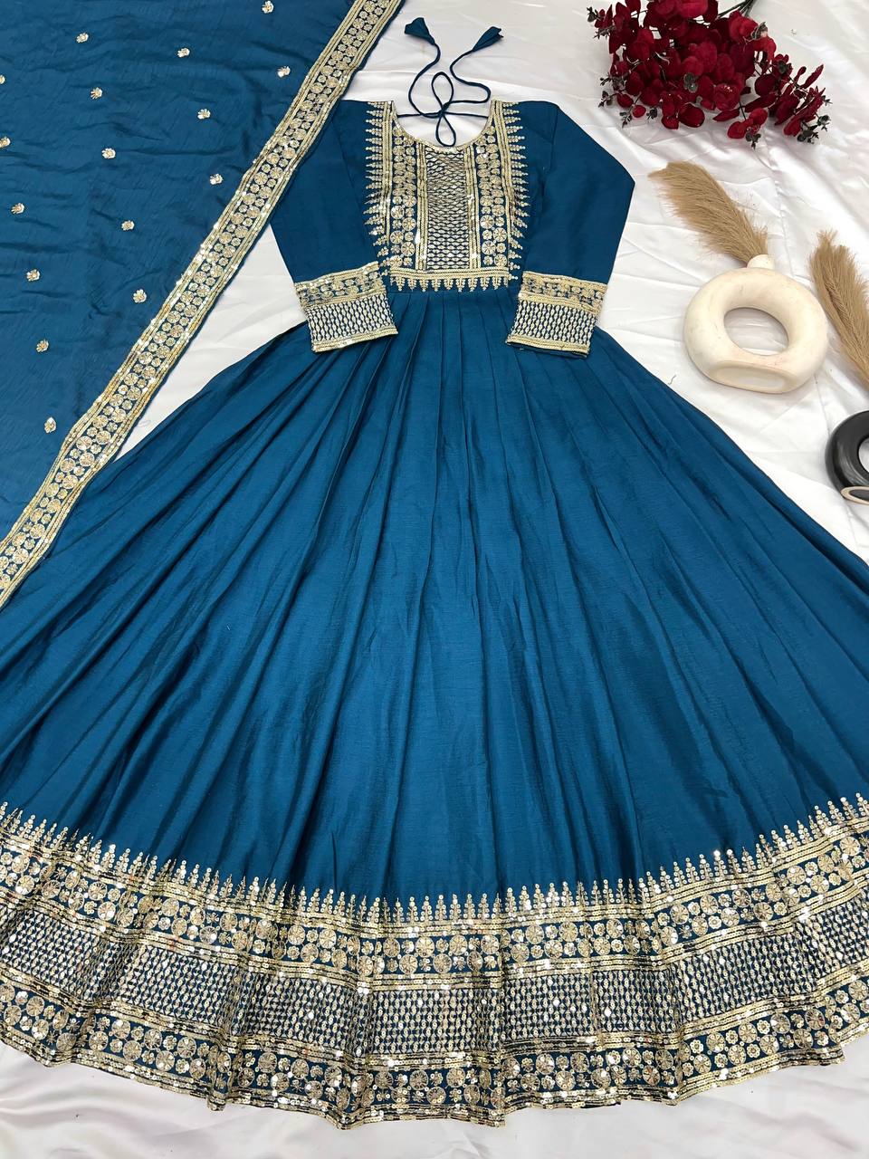 Designer Party Wear Look Gown-Dupatta With Heavy Embroidery Sequence Work