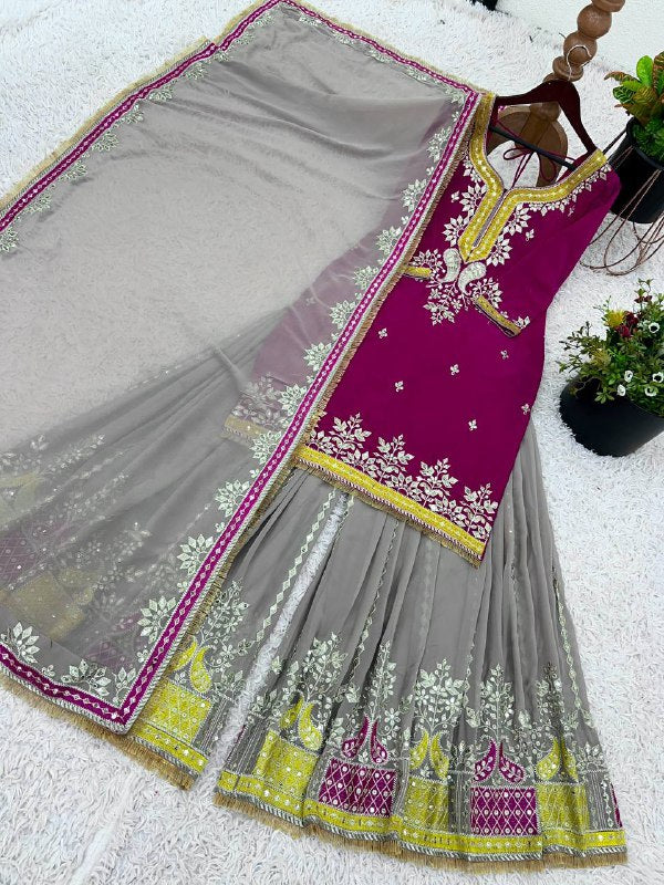 Designer Party Wear Look Top-Plazzo And Dupatta With Heavy Embroidery Work