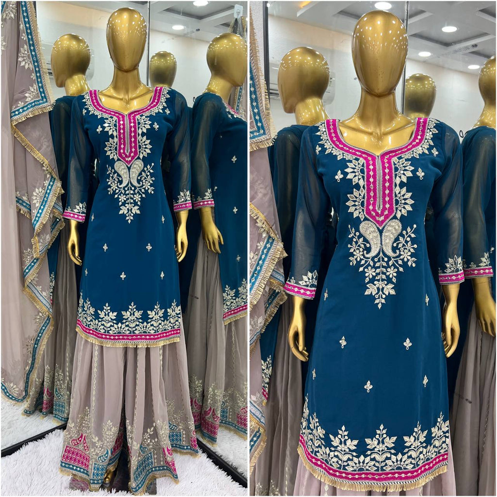 Designer Party Wear Look Top-Plazzo And Dupatta With Heavy Embroidery Work