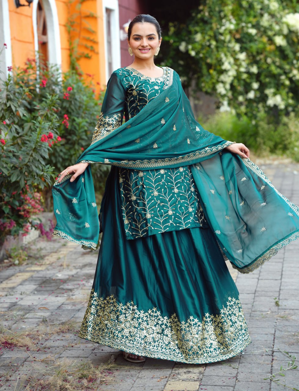 Designer Embroidered Rangoli Suit With Sequence Embroidered Work