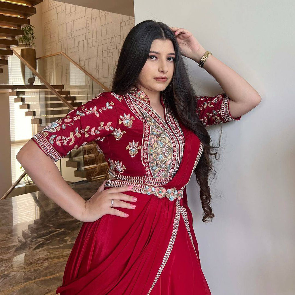 Party Wear Look Lehenga Saree With Moti Work