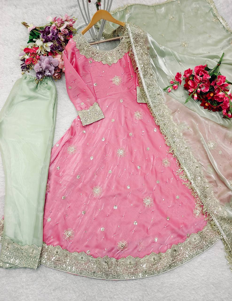 Beautiful Party Wear Gown Pent And Dupatta Embroidery Sequence Work