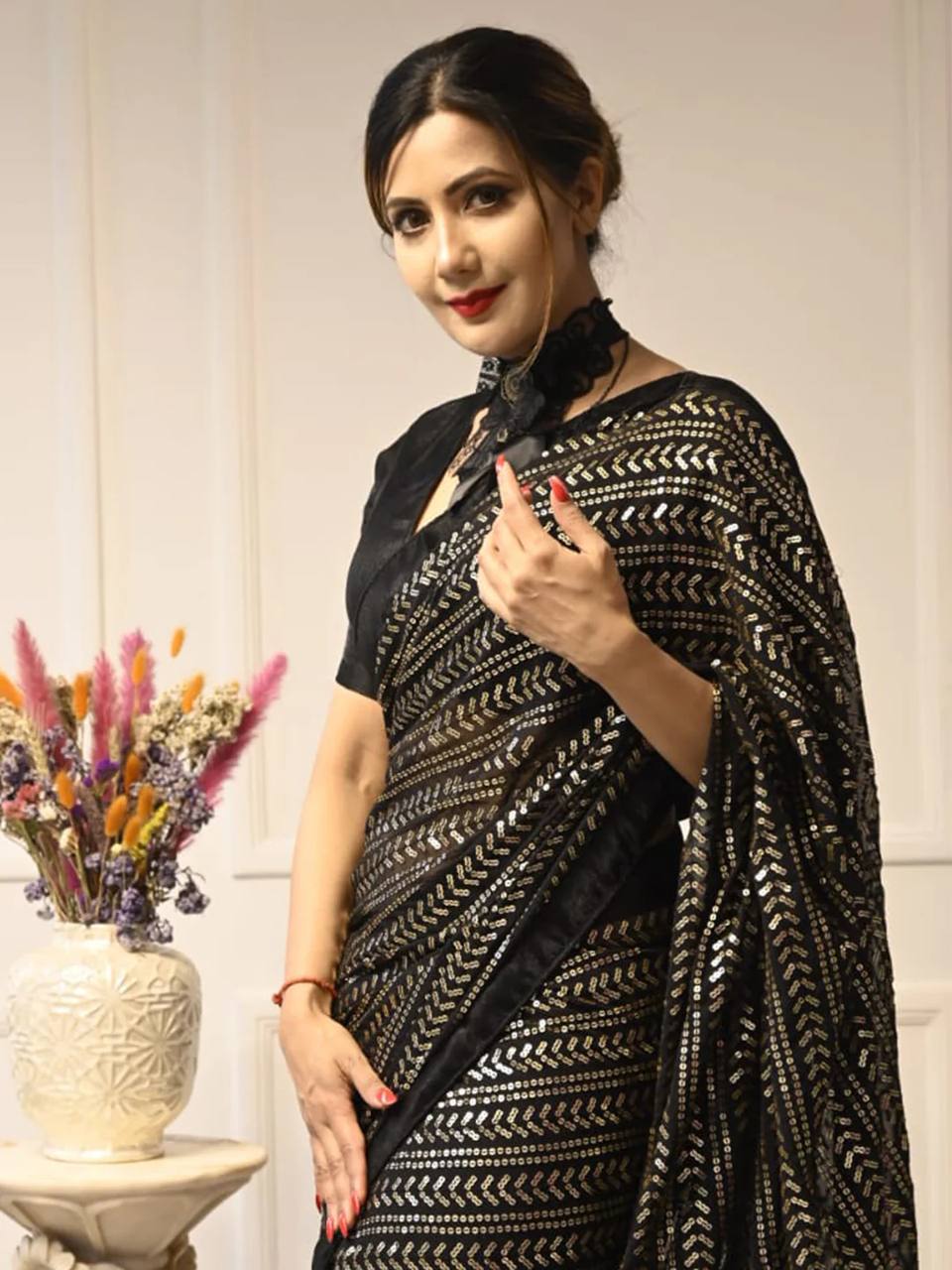 Party Wear Look Designer Saree With Sequins Work All Over