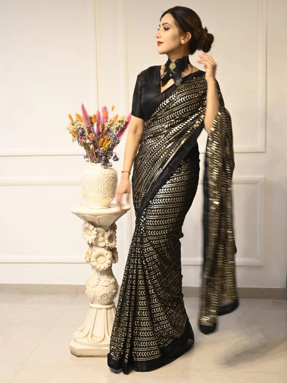 Party Wear Look Designer Saree With Sequins Work All Over