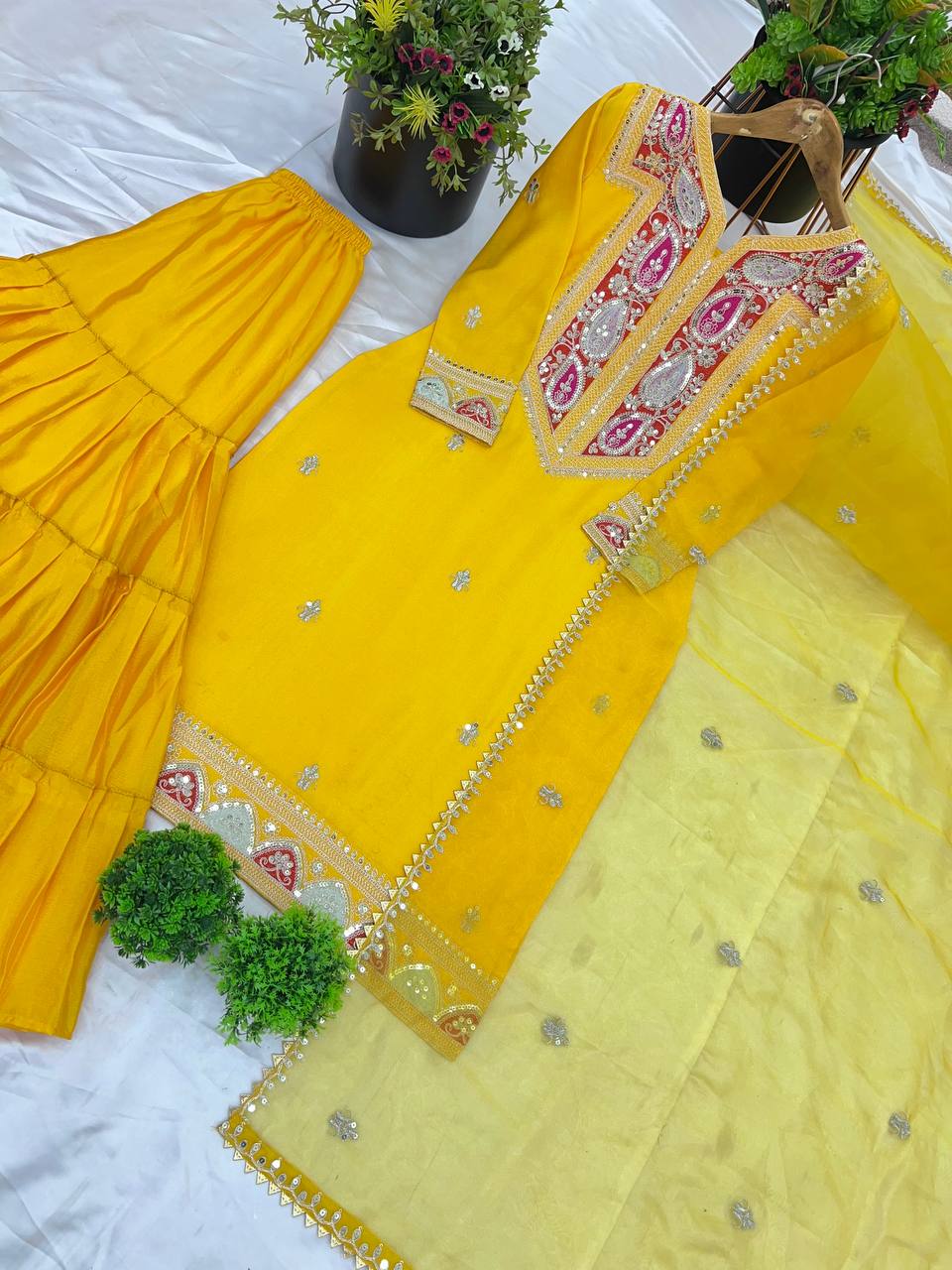 Beautiful Top-Gharara And Dupatta With Heavy Embroidery Sequence Work