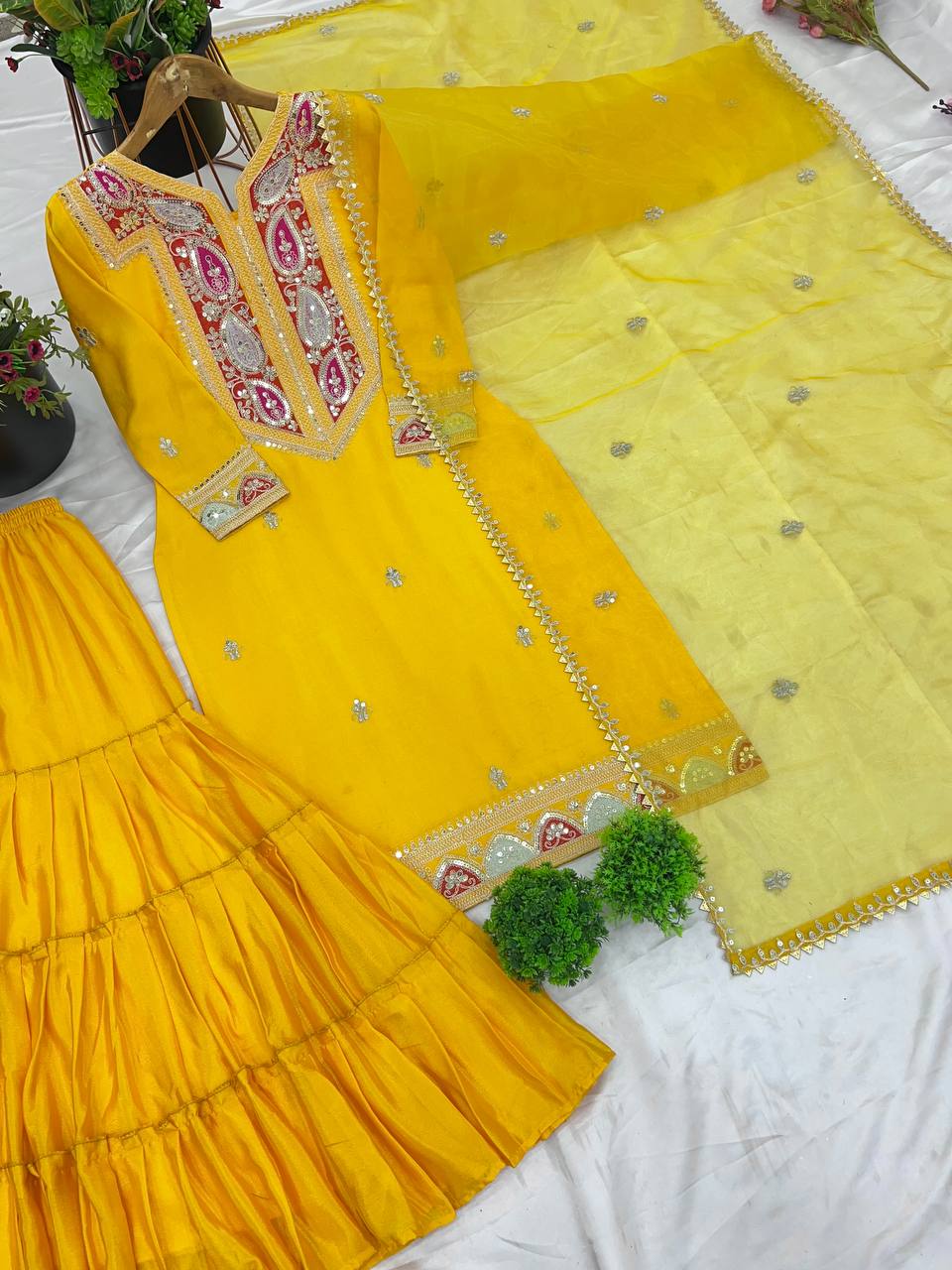 Beautiful Top-Gharara And Dupatta With Heavy Embroidery Sequence Work