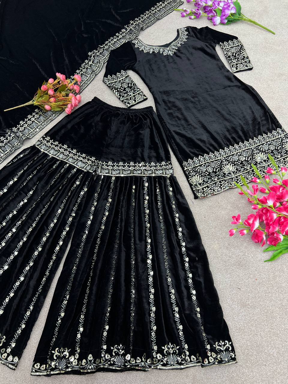 Designer Party Wear Top-Sharara And Dupatta With Heavy Embroidery Sequence Work