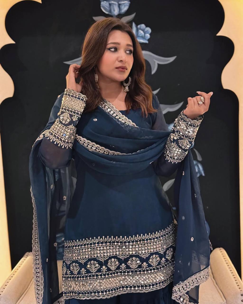 Party Wear Look Suit Set With Sequins & Zari Embroidery Work