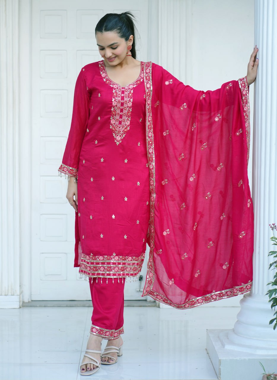 Designer Embroidered Suit Set With Sequence Embroidered Work